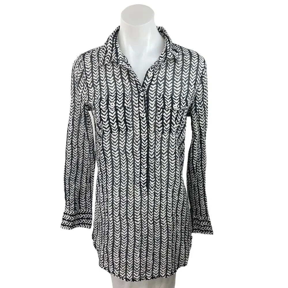 J. Crew Black White Chevron Striped Button Down Long Sleeve Tunic Blouse Top XS